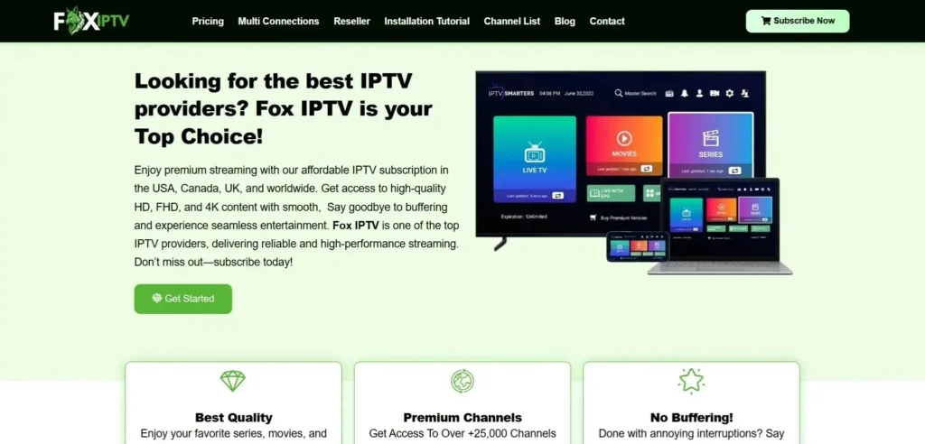 The IPTV Global landing page is designed to attract Canadian users seeking high-quality IPTV services. The sleek dark background with white text and blue highlights gives it a premium look, while the device compatibility icons and streaming service logos enhance credibility and appeal. The clear call-to-action buttons make navigation easy, encouraging users to subscribe immediately.