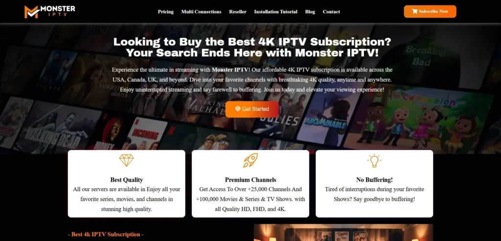 This Monster IPTV landing page is designed to attract customers by emphasizing ultra-high-definition streaming, a vast content library, and seamless playback. The dark background with orange highlights makes the page visually appealing, while the bold typography and call-to-action buttons ensure ease of navigation.